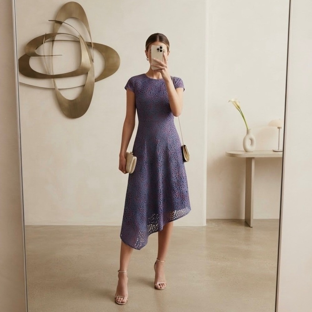 Banana Republic Lace Asymmetrical Midi Dress Cap Sleeve Size 4 Blue Red Wedding